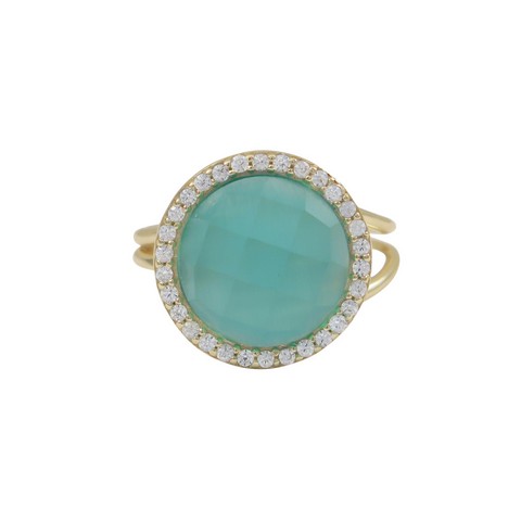 Aqua Cats Eye Semi Precious Faceted Stone Cubic Zirconia Border & 15 Mm Round Circle With Gold Plated Sterling Silver Adjustable Ring