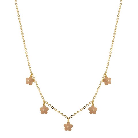 5 Pink Enamel Flower Charms On Gold Tone Brass Necklace, 15 X 2 In.