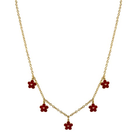 5 Red Enamel Flower Charms On Gold Tone Brass Necklace, 15 X 2 In.
