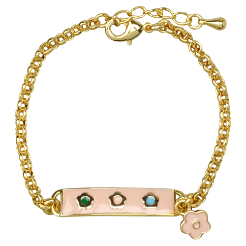 Plus 1 5 Mm Light Pink Enamel Bar With Multi Color Flowers Gold Brass Chain Bracelet