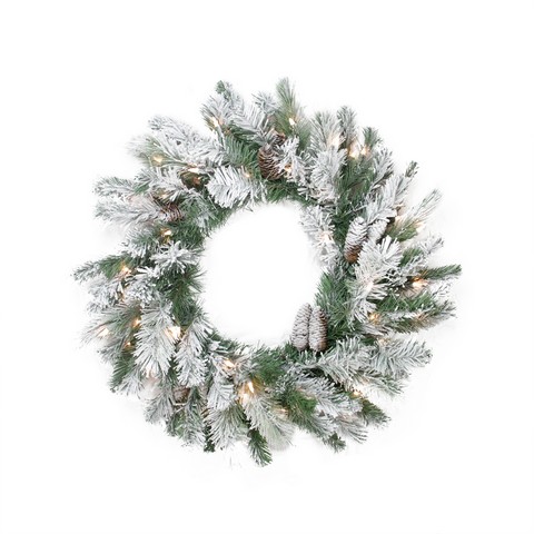 30 In. Pre Lit Flocked Victoria Pine Artificial Christmas Wreath, Clear Lights