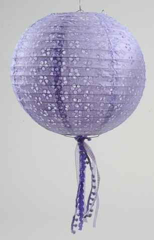 10 In. Tea Garden Purple Floral Cut Out Chinese Paper Lantern With Pom Pom Tassels