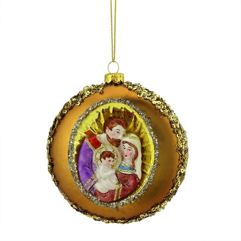 4 In. Joseph Mary & Baby Jesus Sequin Religious Christmas Glass Disc Ornament
