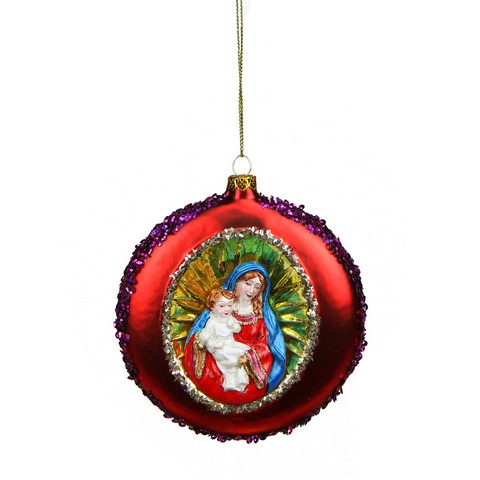 4 In. Mary & Baby Jesus Sequin Religious Christmas Glass Disc Ornament