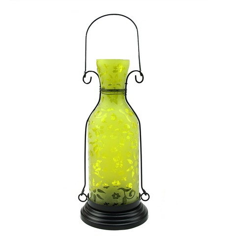 12 In. Transparent Yellow Decorative Glass Bottle Tea Light Candle Lantern With Flower Etching