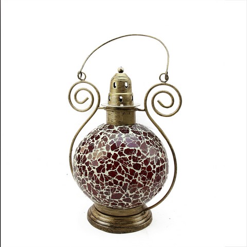 12 In. Decorative Red & White Mosaic Glass Tea Light Candle Holder Doom Lantern
