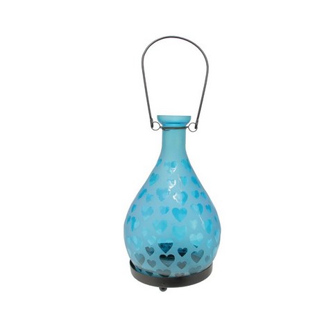 8.75 In. Frosted Blue Hearts Glass Bottle Tea Light Candle Lantern
