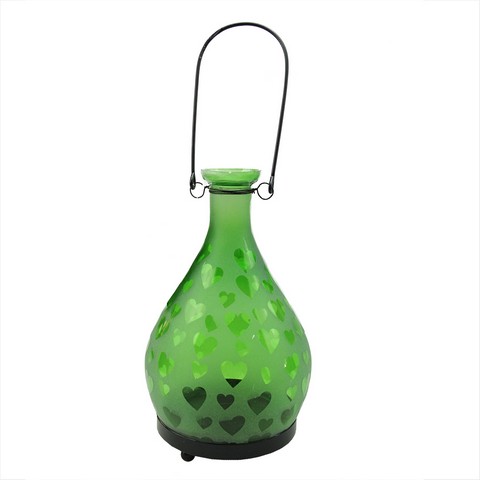 8.75 In. Frosted Green Hearts Glass Bottle Tea Light Candle Lantern