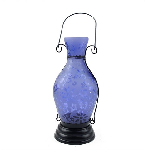 11.75 In. Transparent Blue Decorative Glass Bottle Tea Light Candle Lantern With Flower Etching