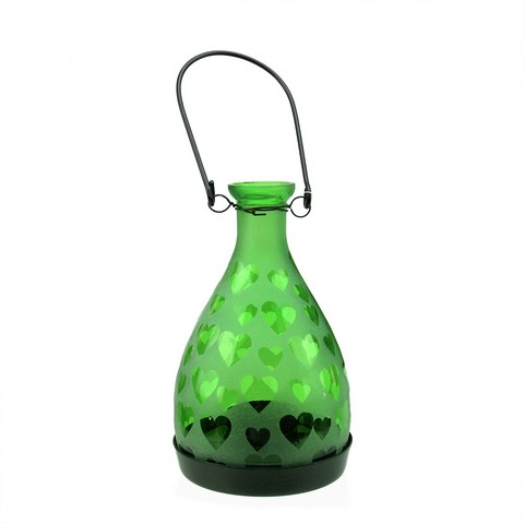 6.25 In. Frosted Green Hearts Glass Bottle Tea Light Candle Lantern