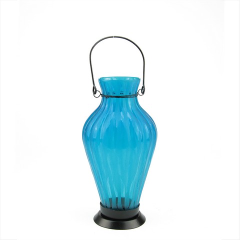 9.5 In. Frosted Blue Ribbed Vase Glass Bottle Tea Light Candle Lantern
