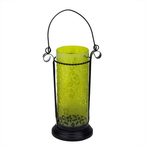 11.5 In. Yellow Glass Hurricane Tea Light Candle Holder Lantern With Flower Etching