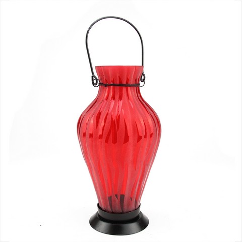 9.5 In. Frosted Red Ribbed Vase Glass Bottle Tea Light Candle Lantern
