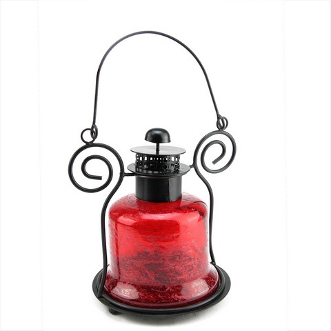 9.25 In. Decorative Distressed Red Bell Shaped Glass Tea Light Candle Holder Lantern