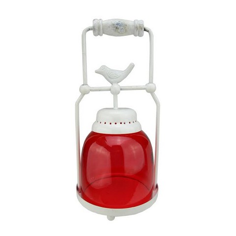11.75 In. Decorative Red & White Antique Inspired Avian Bird Glass Votive Candle Holder Lantern