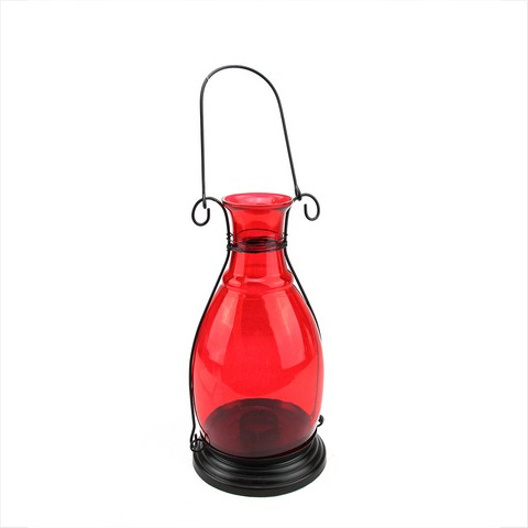 10.5 In. Transparent Red Decorative Glass Bottle Vase Tea Light Candle Lantern