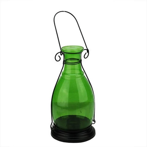 10.5 In. Transparent Green Decorative Glass Bottle Vase Tea Light Candle Lantern