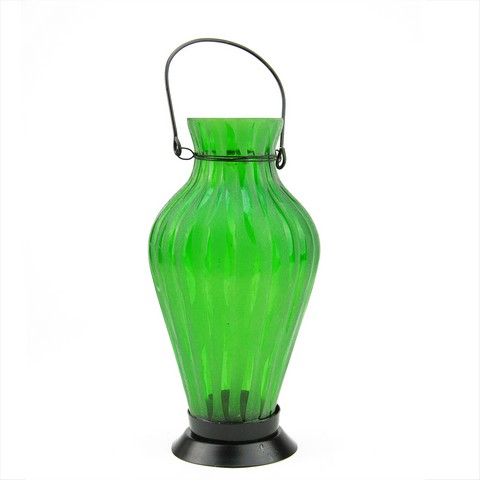 9.5 In. Frosted Green Ribbed Vase Glass Bottle Tea Light Candle Lantern Decoration