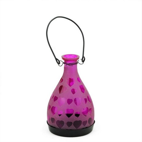6.25 In. Frosted Pink Hearts Glass Bottle Tea Light Candle Lantern