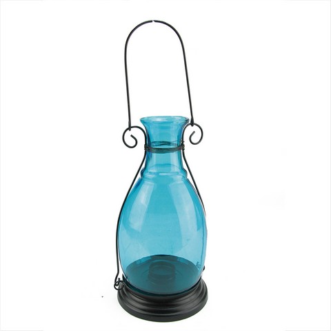 10.5 In. Transparent Blue Decorative Glass Bottle Vase Tea Light Candle Lantern
