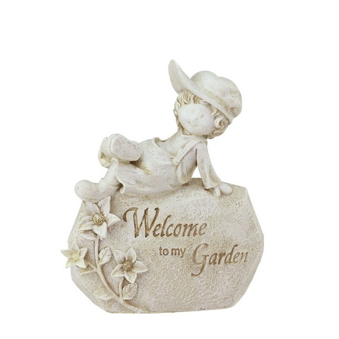 7.5 In. Garden Kids Ivory Welcome To My Garden Boy Outdoor Patio Garden Statue