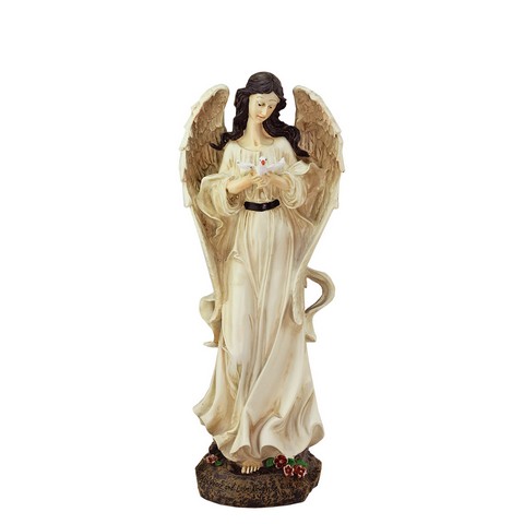13.5 In. Heavenly Gardens Peace And Love Distressed Ivory Angel With Dove Outdoor Patio Garden Statue