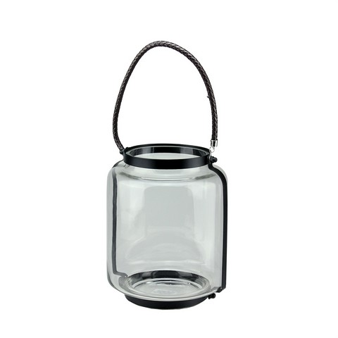 18 In. Clear Glass Hurricane Pillar Candle Lantern With Jet Black Metal Frame