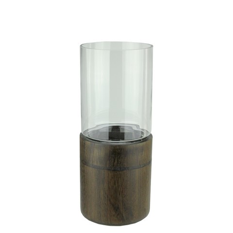 15.25 In. Clear Glass Hurricane Pillar Candle Holder With Wooden Base