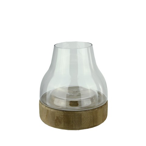 10.25 In. Transparent Glass Pillar Candle Holder With Wooden Base