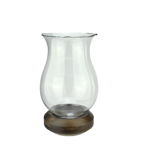 17 In. Wavy Edged Clear Glass Hurricane Pillar Candle Holder With Wooden Base