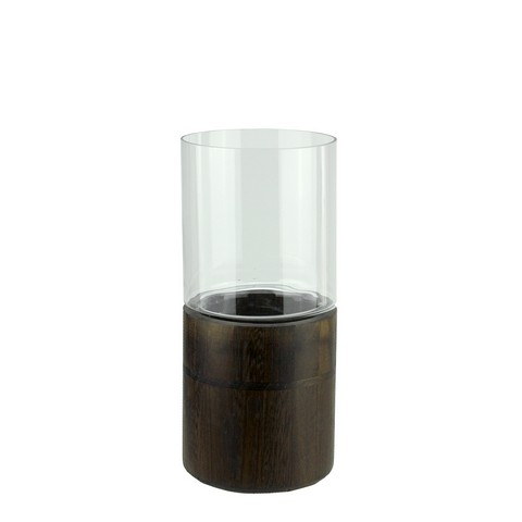 12 In. Clear Glass Hurricane Pillar Candle Holder With Wooden Base