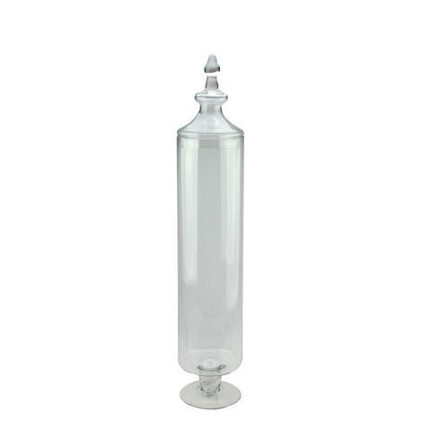 29 In. Transparent Glass Cylindrical Jar With Finial Topped Lid