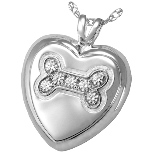 3177wg Pet Cremation Jewelry Dog Bone Heart With Stones 14k Solid White Gold Pendant