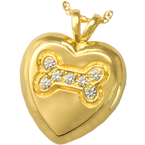 3177yg Pet Cremation Jewelry Dog Bone Heart With Stones 14k Solid Yellow Gold Pendant