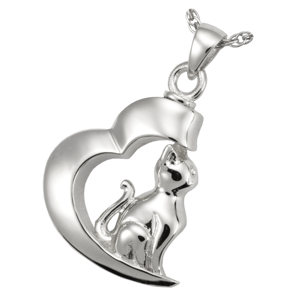 3068wg Pet Cremation Jewelry In My Heart Cat 14k Solid White Gold Pendant