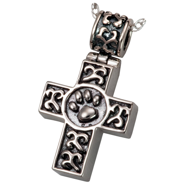 3099wg Pet Cremation Jewelry Paw Print Cross 14k Solid White Gold Pendant