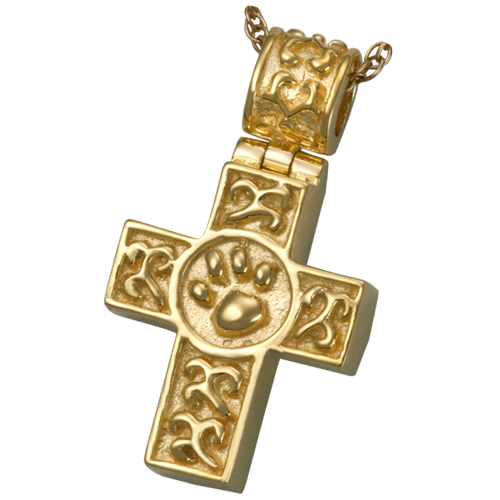 3099yg Pet Cremation Jewelry Paw Print Cross 14k Solid Yellow Gold Pendant