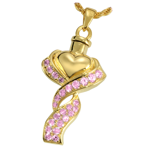 3067gp Pink Cremation Jewelry Ribboned Heart Pink Stones 14k Gold Plating Pendant