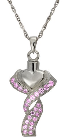 3067wg Pink Cremation Jewelry Ribboned Heart Pink Stones 14k Solid White Gold Pendant