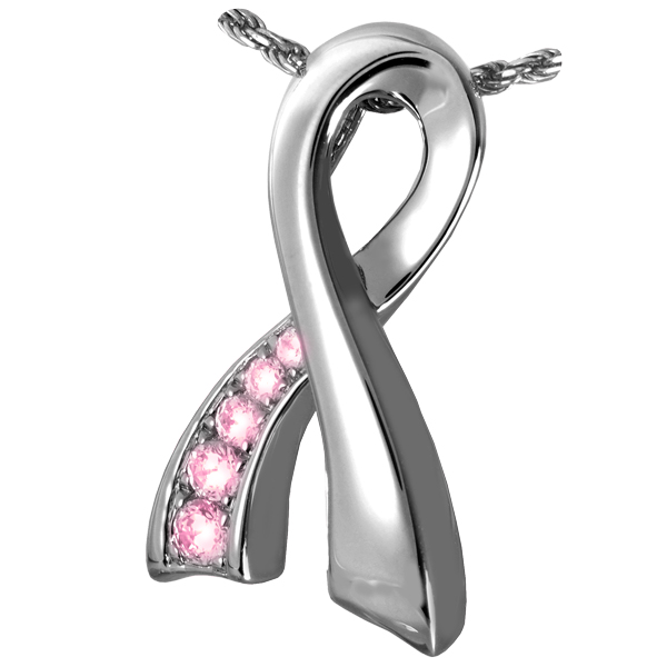 3317p Pink Cremation Jewelry Breast Cancer Ribbon Pink Stones Platinum Pendant