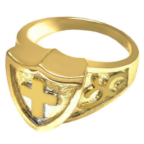 2005yg-7 Cremation Jewelry 14k Solid Yellow Gold Cross Shield Ring , Size 7