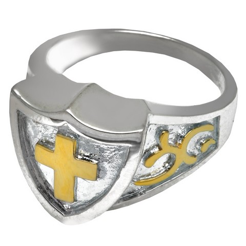 2005s-13 Cremation Jewelry Sterling Silver- Twotone Cross Shield Ring, Size 13