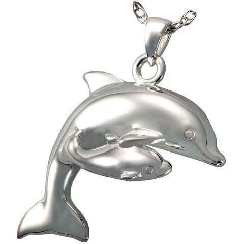 Mg-3163wg Cremation Jewelry Dolphin And Baby 14k Solid White Gold Pendant