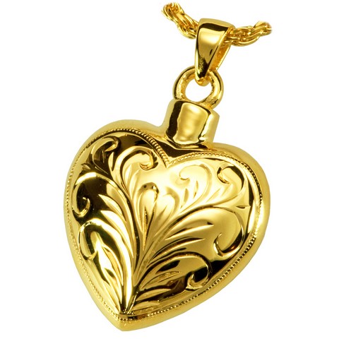 Mg-3093yg Cremation Jewelry Double Etched Heart 14k Solid Yellow Gold Pendant