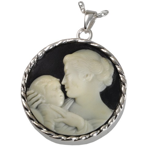 Mg-3515wg Cremation Jewelry Mothers Embrace Cameo Black 14k Solid White Gold Pendant
