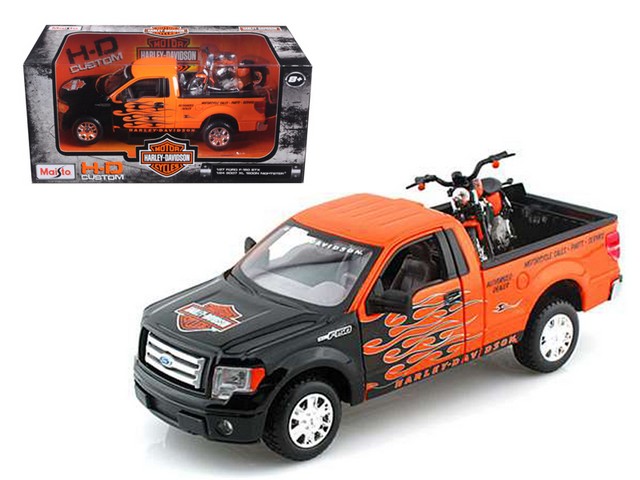 Maisto 32182or 2010 Ford F-150 Stx Pickup Truck 1-27 Orange With Flames & 2007 Xl1200n Nightster Harley Davidson 1-24