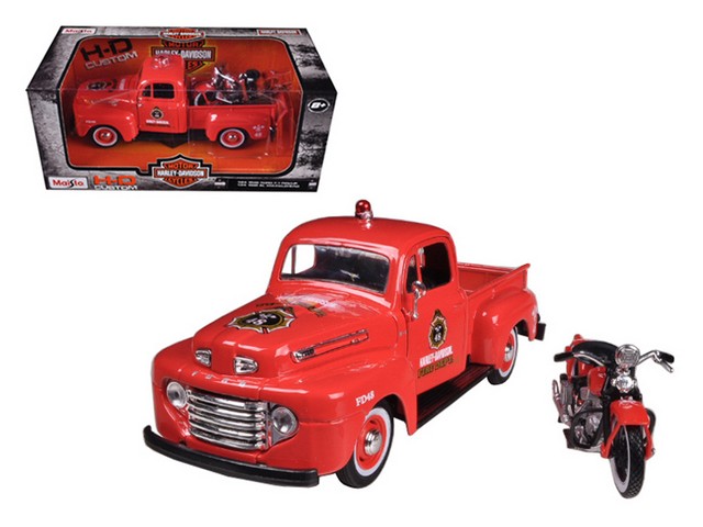 Maisto 32191 1948 Ford F-1 Pickup Truck Harley Davidson Fire With 1936 El Knucklehead Harley Davidson Motorcycle 1-24 Diecast Model