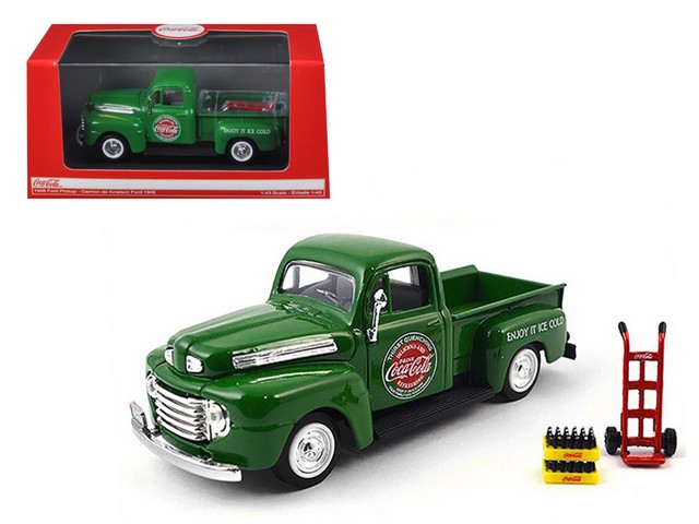 Motorcity Classics 467431 1948 Ford Pickup Truck Coca Cola Green With Coke Bottle Cases & Hand Cart 1-43 Diecast Model Car