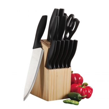 E Helston Stainless Steel Cutlery Set With Pine Wood Block, 14 Piece