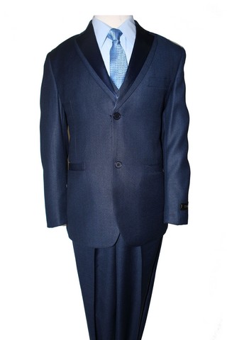 Solid with SatinTrim 2 Button Vested Notch Lapel Boys Suits Blue - 8